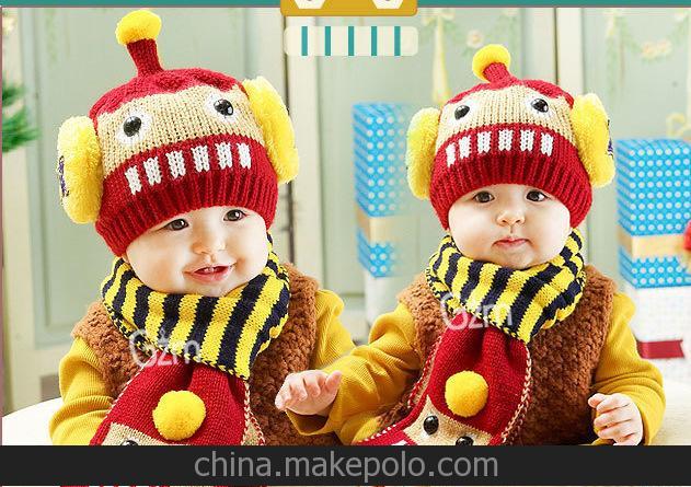 批發童帽3d機器人針織帽毛線帽圍巾+帽兩件套 嬰兒童寶寶帽子178