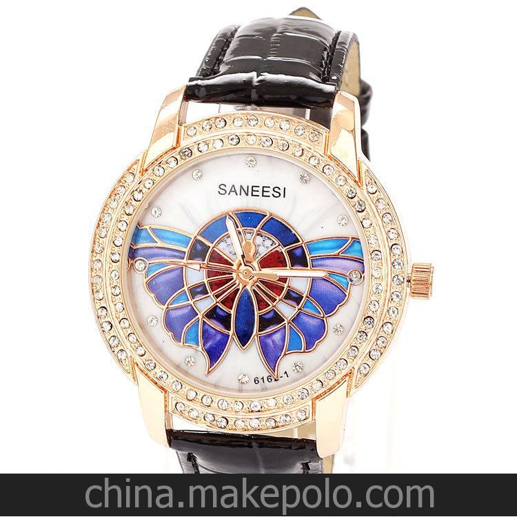 SANEESI品牌女士手表鑲水鉆手表時尚時裝女腕表廠家供應PU表
